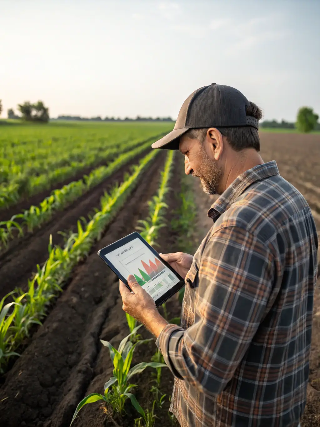 A digital tablet displaying a detailed weather forecast interface with temperature, humidity, and precipitation data overlaid on a map of agricultural fields, used by a farmer to plan daily activities.