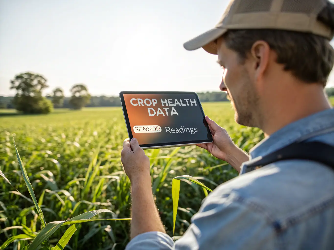 A farmer using a tablet in a field, reviewing crop data and customer information with the EpigroupCRM interface displayed on the screen, showcasing real-time data integration.