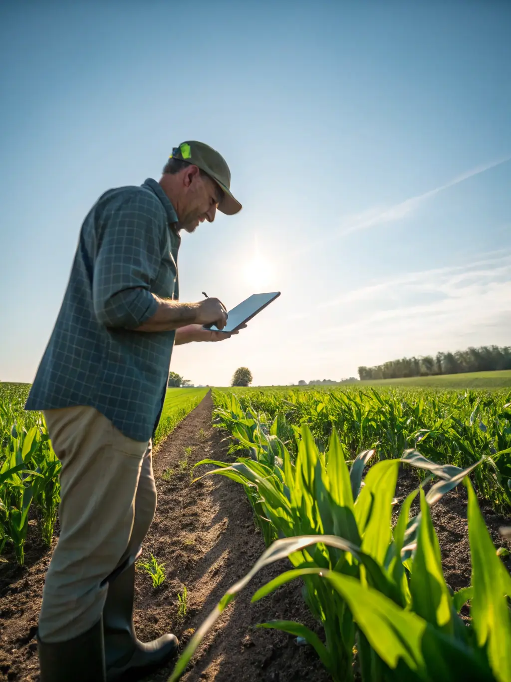 A farmer using a tablet in a field, reviewing organized customer data with a clear, user-friendly interface.