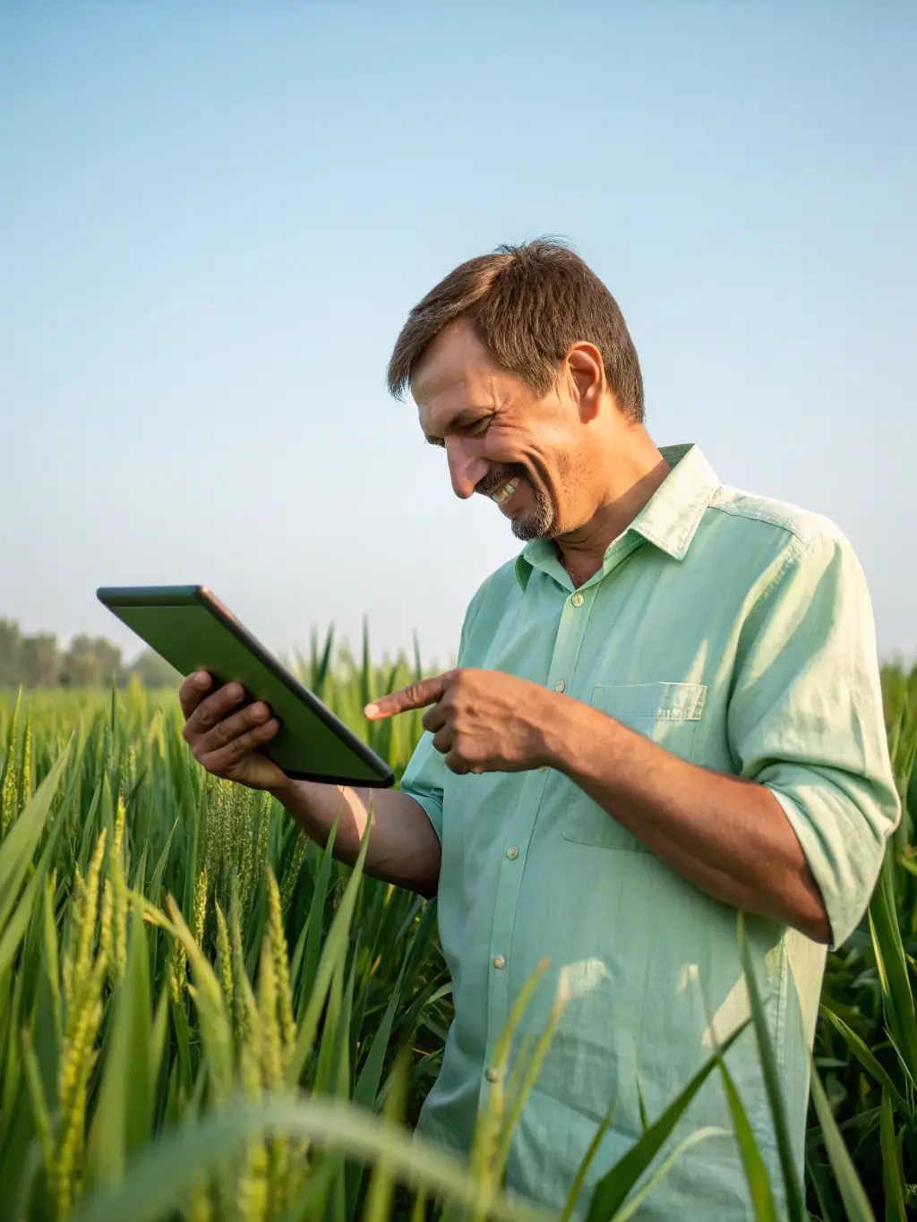 A farmer using AgriCRM on a tablet in a field, showcasing a dashboard with integrated weather data, equipment logs, and market prices, all in one place for efficient decision-making.